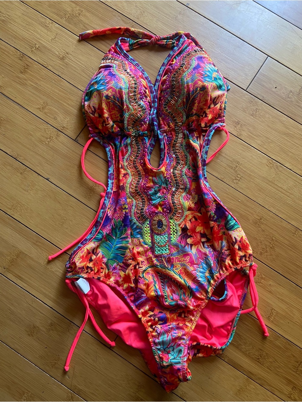 Colombian Beaded Swim  Floral One-Piece Swimsuit - Pink Multicolor